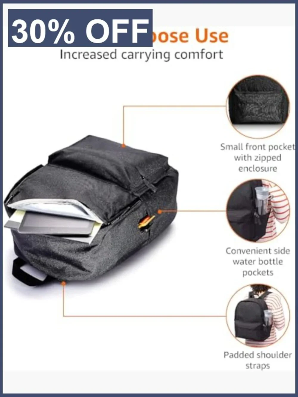 Classic School Backpack with Padded Straps, Large Compartment, Water Bottle